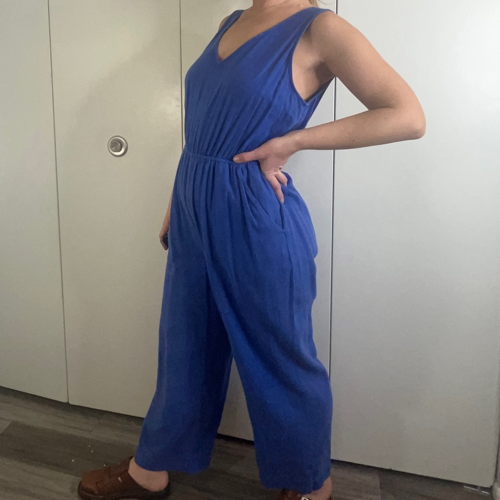 cobalt blue linen blend open back jumpsuit